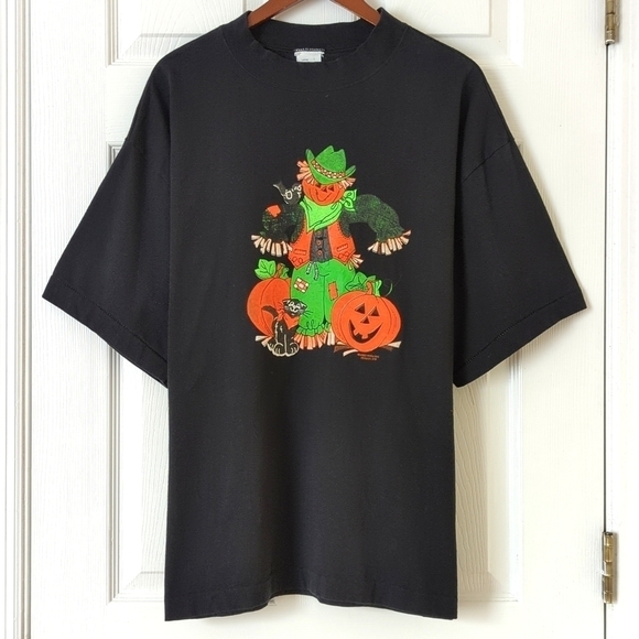 80's Vintage Halloween Scarecrow Pumpkins Short Sleeve Crewneck T-shirt Black L - Picture 1 of 10